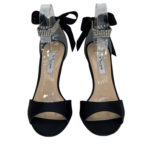 Nina Vinnie Black Satin Womens Heels 10M Rhinestone Ankle Strap - Picture 5 of 11